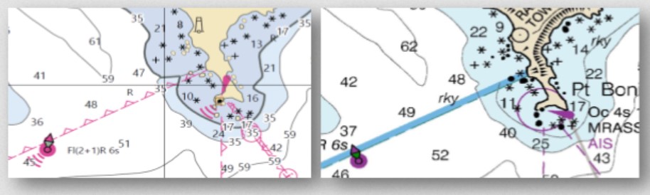 NOAA의 사용자 지정 차트 출력과 기존 NOAA 차트 18649 비교