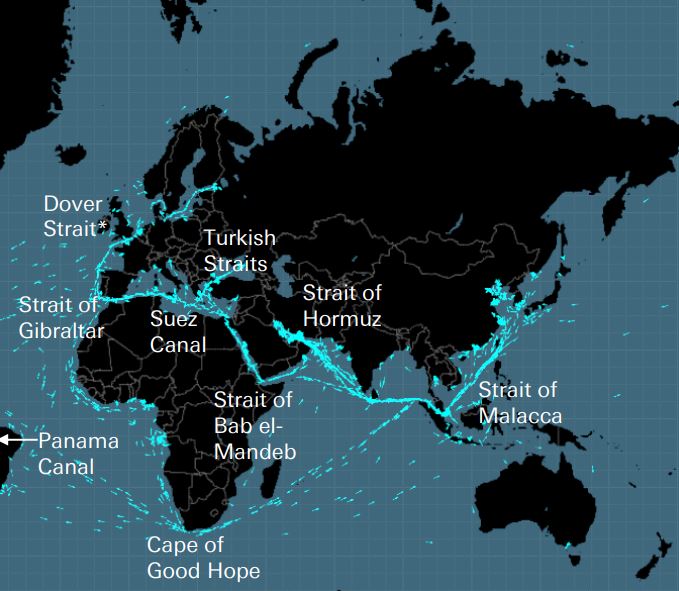 Mapa de estrechos marítimos importantes en todo el mundo.