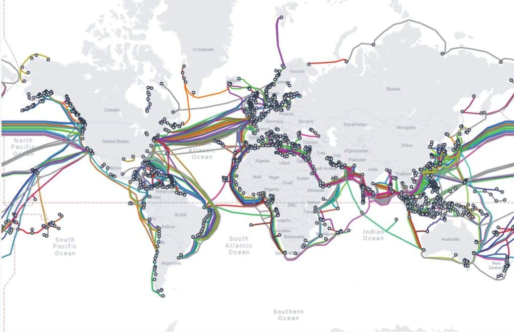 map of underwater internet network data lines worldwide